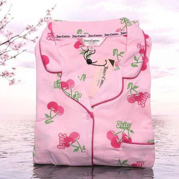 Juicy Couture Pink Cherry Print Pajamas Shorts 2 Piece Sleepwear Set Sizes M, L - Picture 2 of 7